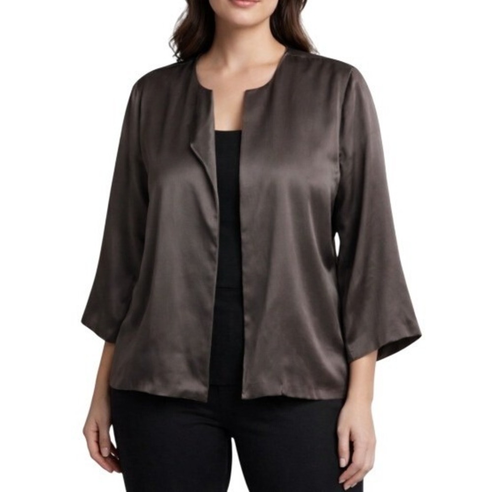 Eileen Fisher Silk Open Front Jacket Womens Medium Brown Minimalist Lightweight